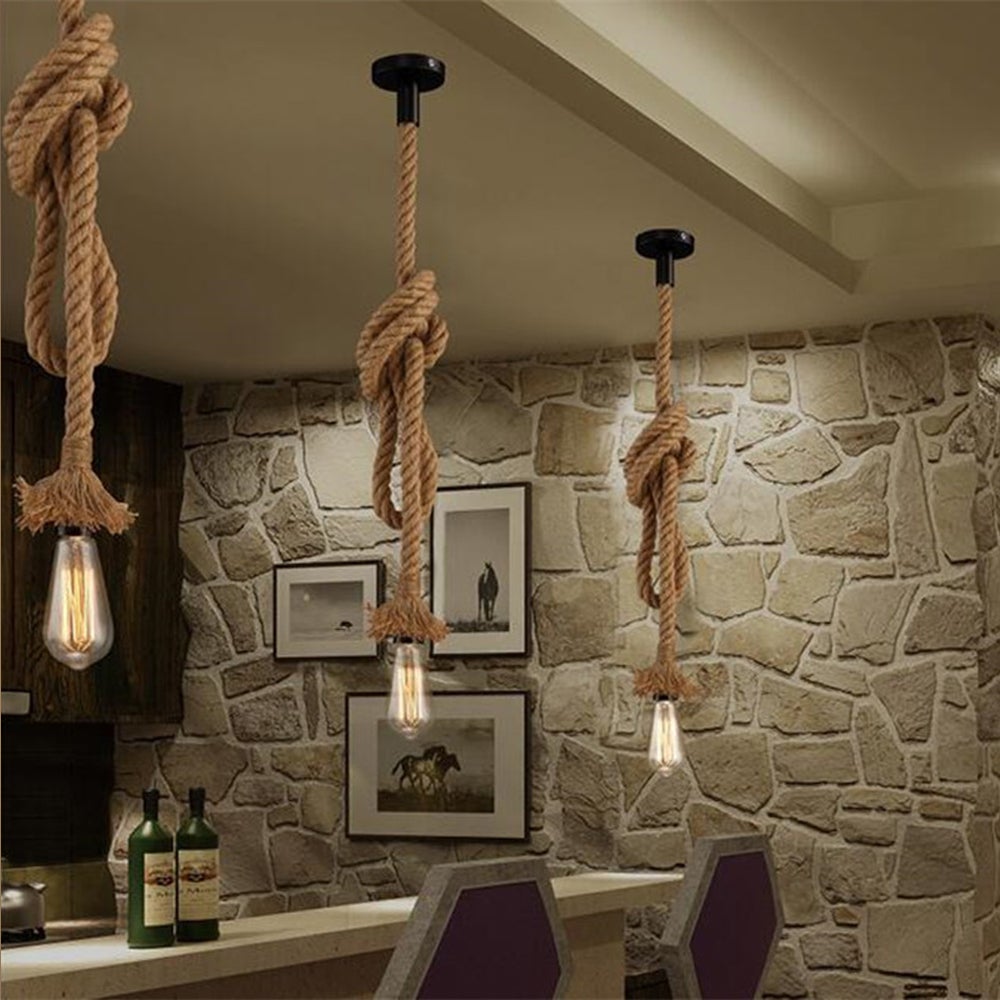 Lampadario Industriale Vintage A 5 Luci E27 – Legno, Corda Di Canapa E Ferro, Regolabile In Altezza