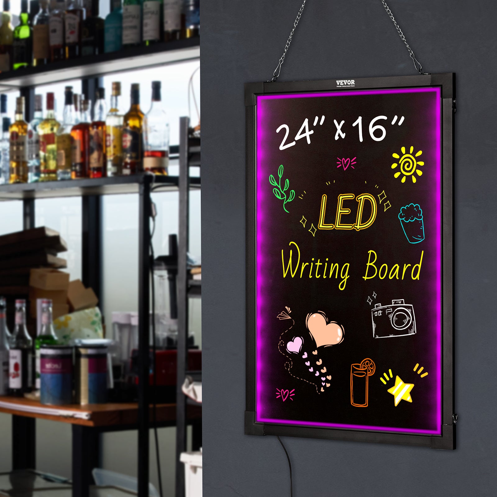 Tableau d'écriture de messages LED,VEVOR 405 x 605 mm,tableau menu noir effet néon effaçable éclairé 8 marqueurs craie fluorescentes et télécommande - 8