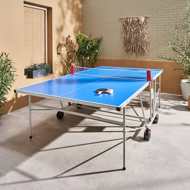 Table de ping pong OUTDOOR bleue - table pliable avec 4 raquettes et 6 balles. pour utilisation extérieure. sport tennis - 2