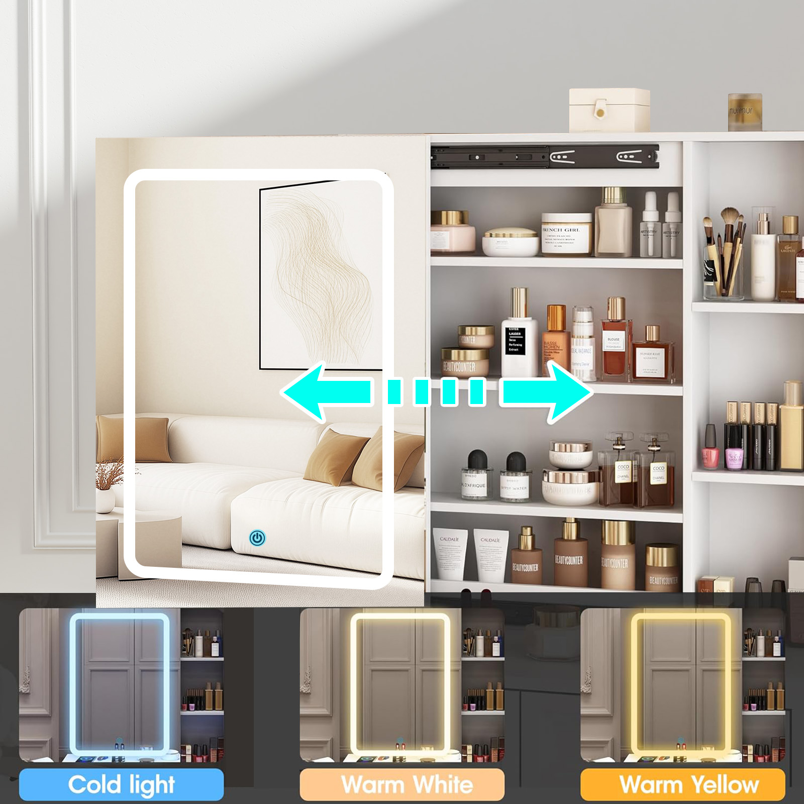 Toeletta LED Tricolore Scorrevole con 4 Cassetti, Specchio Regolabile e Comodo Ripiano, 100x40x142 cm - 4