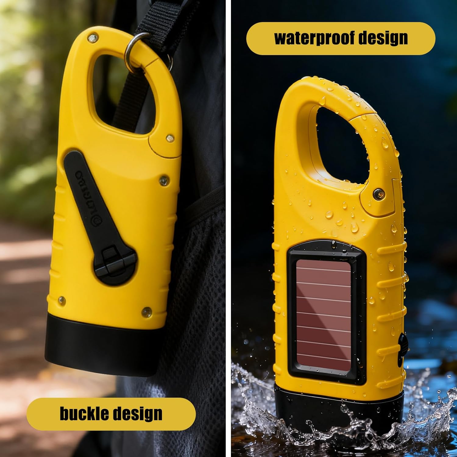 Sporgo Torcia a manovella a LED ricaricabile: 2 pezzi torcia solare Dynamo con moschettone, mini torcia portatile con manovella e pannello solare per campeggio all'aperto