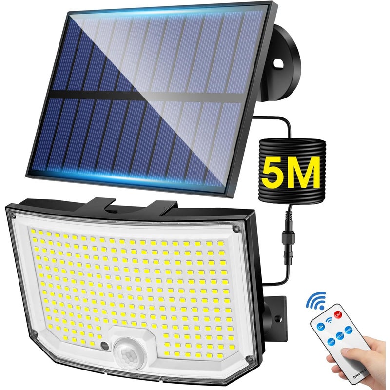 Lampa solarna zewnętrzna, 208 diod LED, 2000 lm, lampa solarna zewnętrzna z czujnikiem ruchu, 3 tryby i pilotem