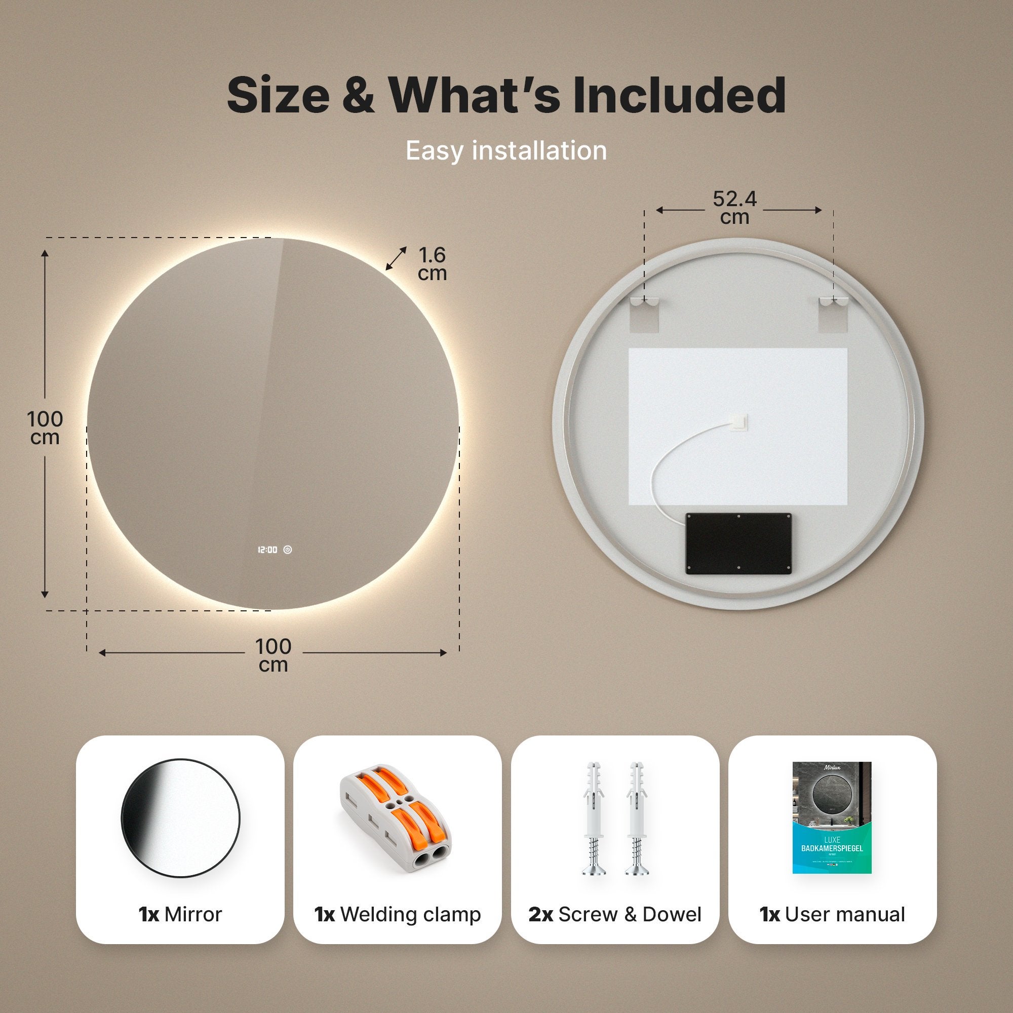Miroir de salle de bain Mirlux avec éclairage LED et chauffage - Miroir mural rond - Miroir de douche anti-condensation - 100 cm - 7