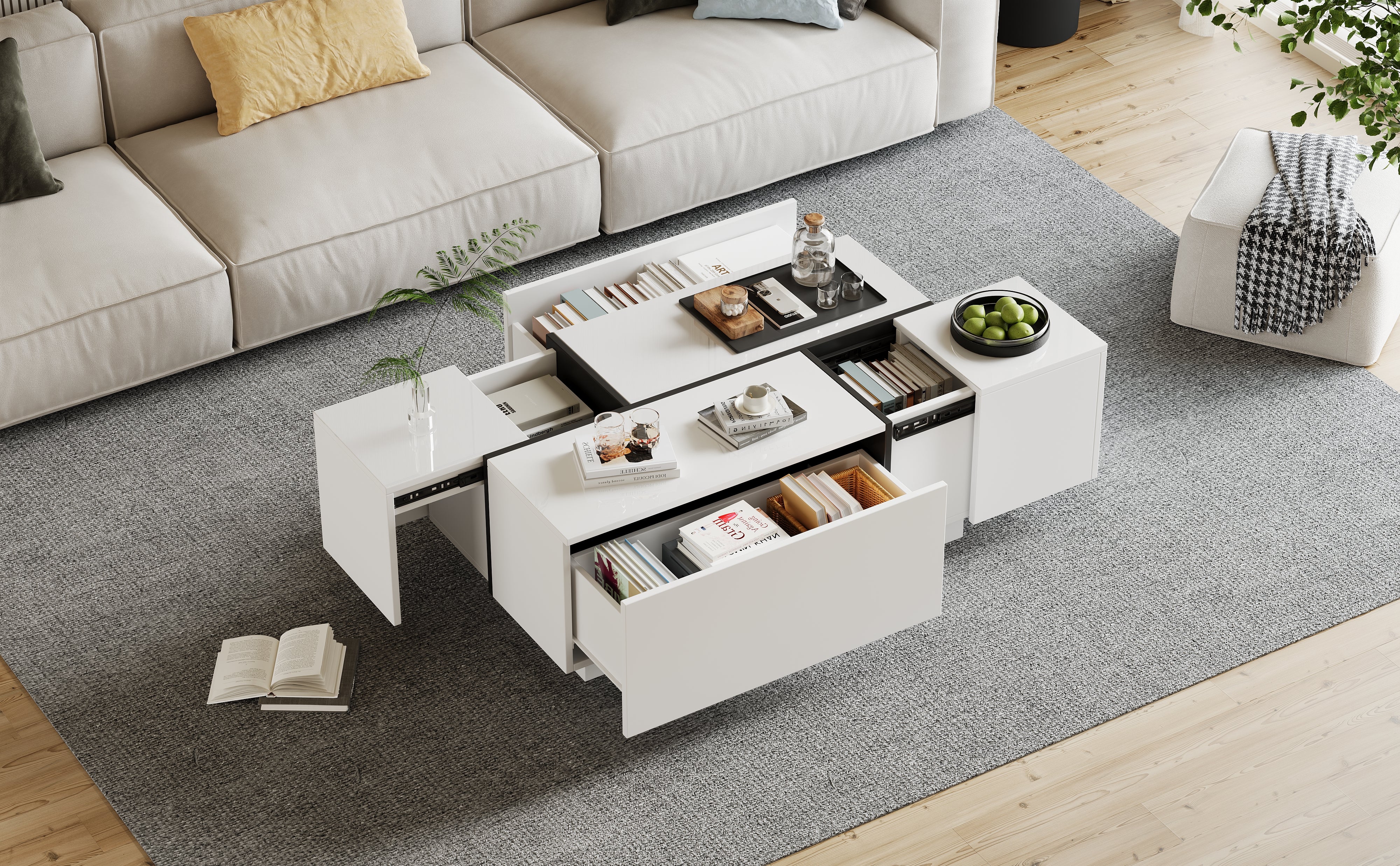 Table basse avec 4 tiroirs et 2 plateaux coulissantes - 100 x 60 x 40 cm - Panneau de particules - Blanc - 6