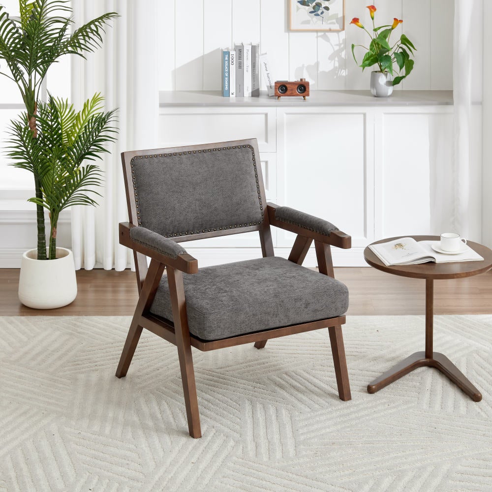 Fauteuil Lounge Tissu Moderne Mid-Century avec Accoudoirs et Cadre Bois pour Salon, Chambre, Bureau - 9