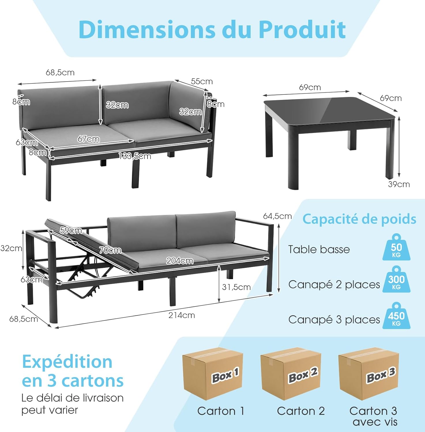 Ensemble Salon De Jardin 3 Pièces, Ensemble De Canapé Rembourré D