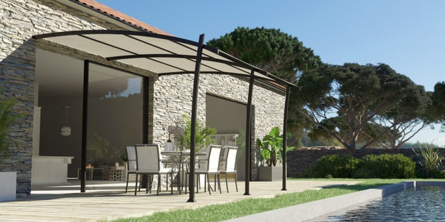 Pergola adossée Kyoto 3,50x4m aluminium avec toile polyester 300g/m² pour terrasse jardin