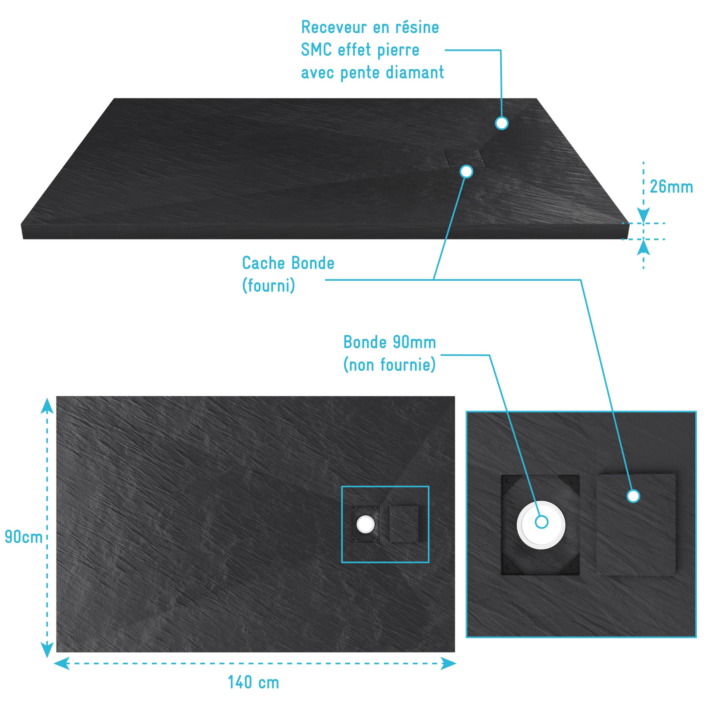 Receveur à poser en matériaux composite SMC - Finition ardoise noire - 90x140cm - ROCK 2 BLACK 90 - 4