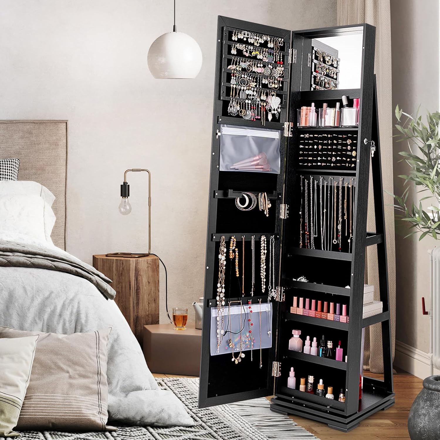 Armoire à Bijoux Pivotante à 360 Degrés sur Pieds,avec Grand Miroir Psyché et Etagère de Rangement à L’Arrière (Noir) - 2