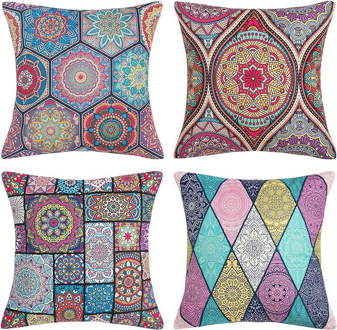 Juego de 4 fundas de cojín decorativas de 45 x 45 cm, fundas de almohada cuadradas de estilo bohemio con diseño de mandala moderno, fundas de almohada