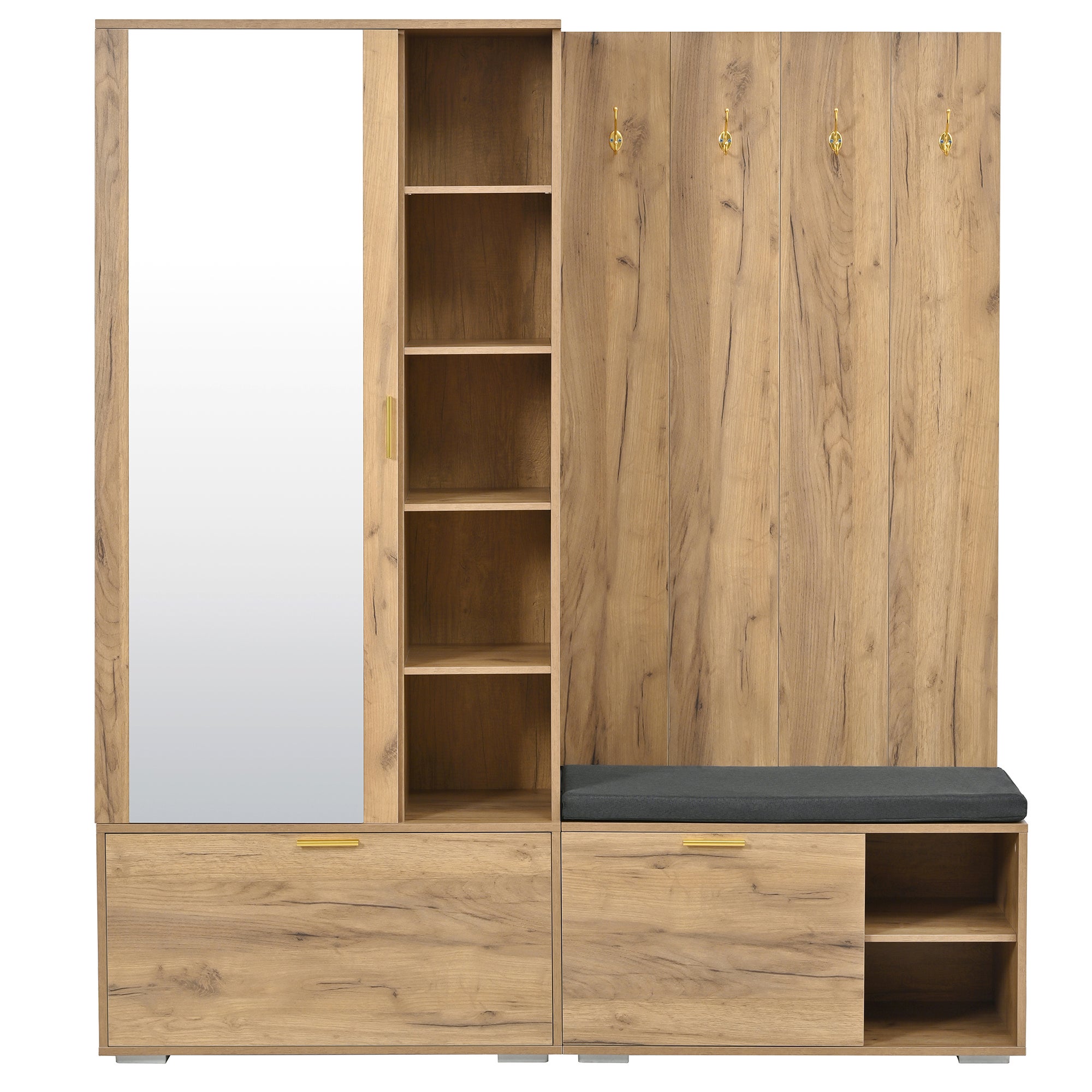 Set scarpiera con panca, specchio, 4 ganci, attaccapanni e 3 ante - 160 x 38 x 180 cm - Truciolare - Naturale - 8