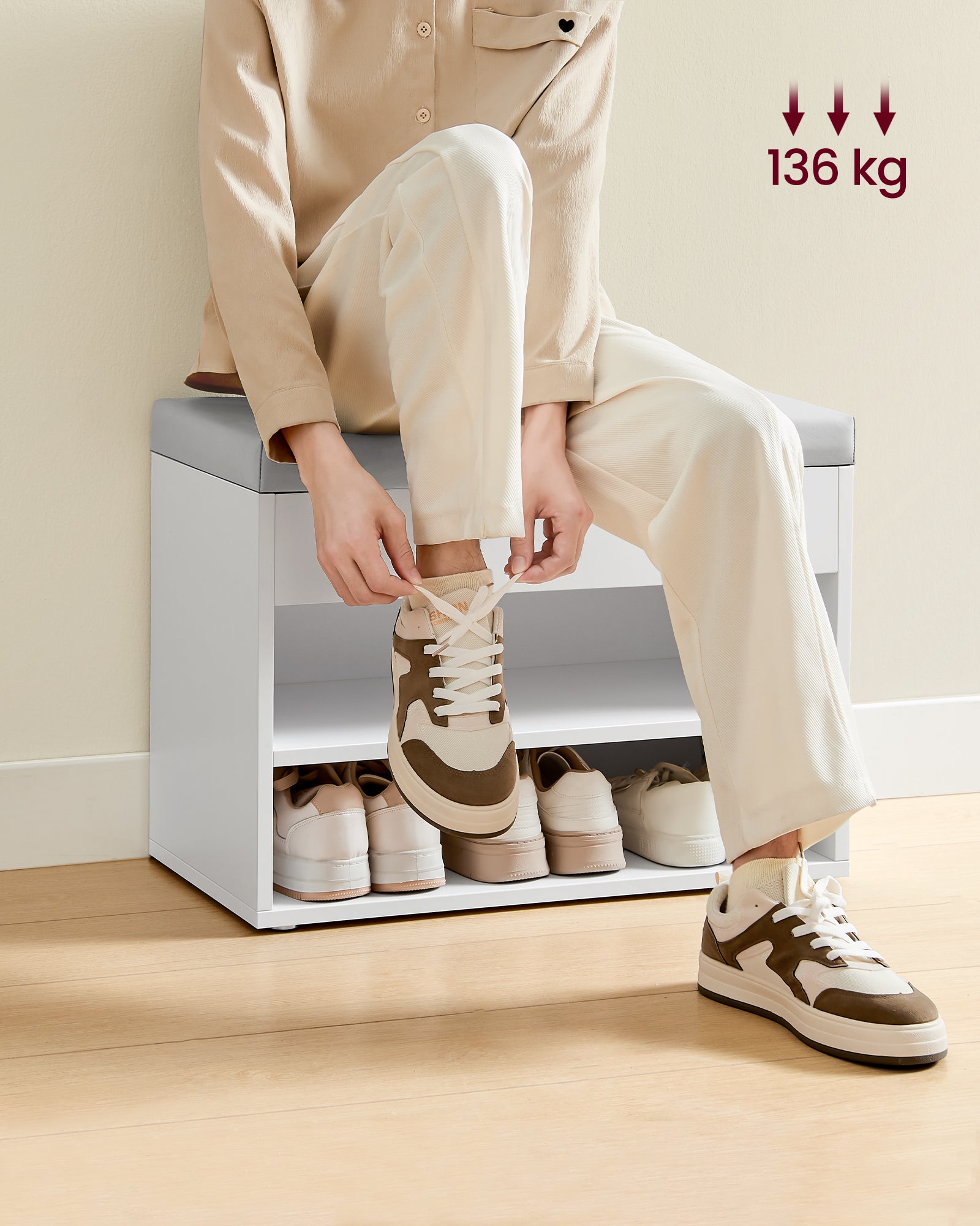 Banc à Chaussures, Meuble à Chaussures avec Siège Rembourré, Banc d’Entrée avec 3 Compartiments et Assise Rembourrée, 30 x 60 x 44 cm, Blanc Nuage - 6