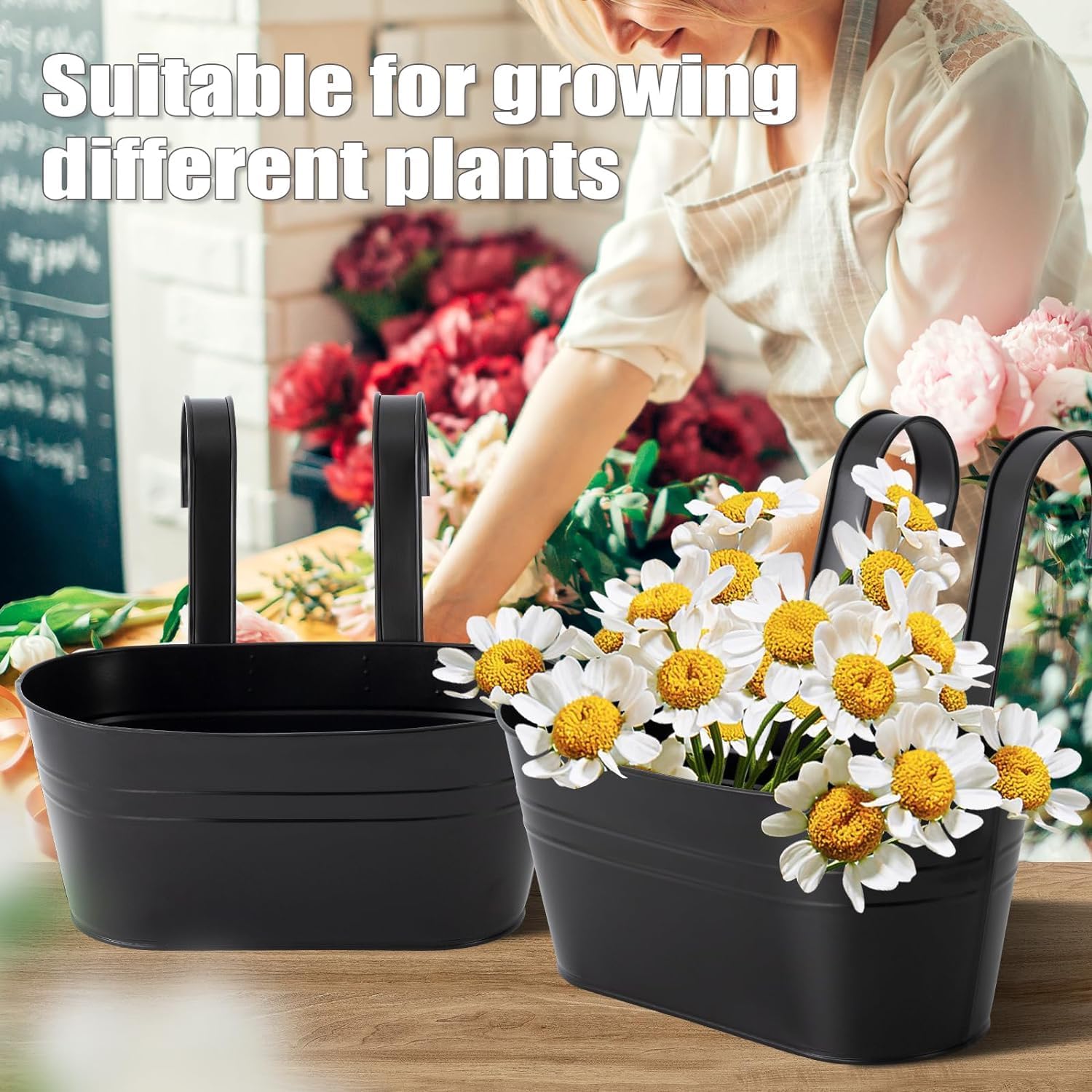 4 Pièces Pots de Fleurs Suspendus en Métal, 27CM Grands Pots de Plantes Seau à Fleurs Suspendu avec Crochet Amovible pour Balcon Jardin - 5
