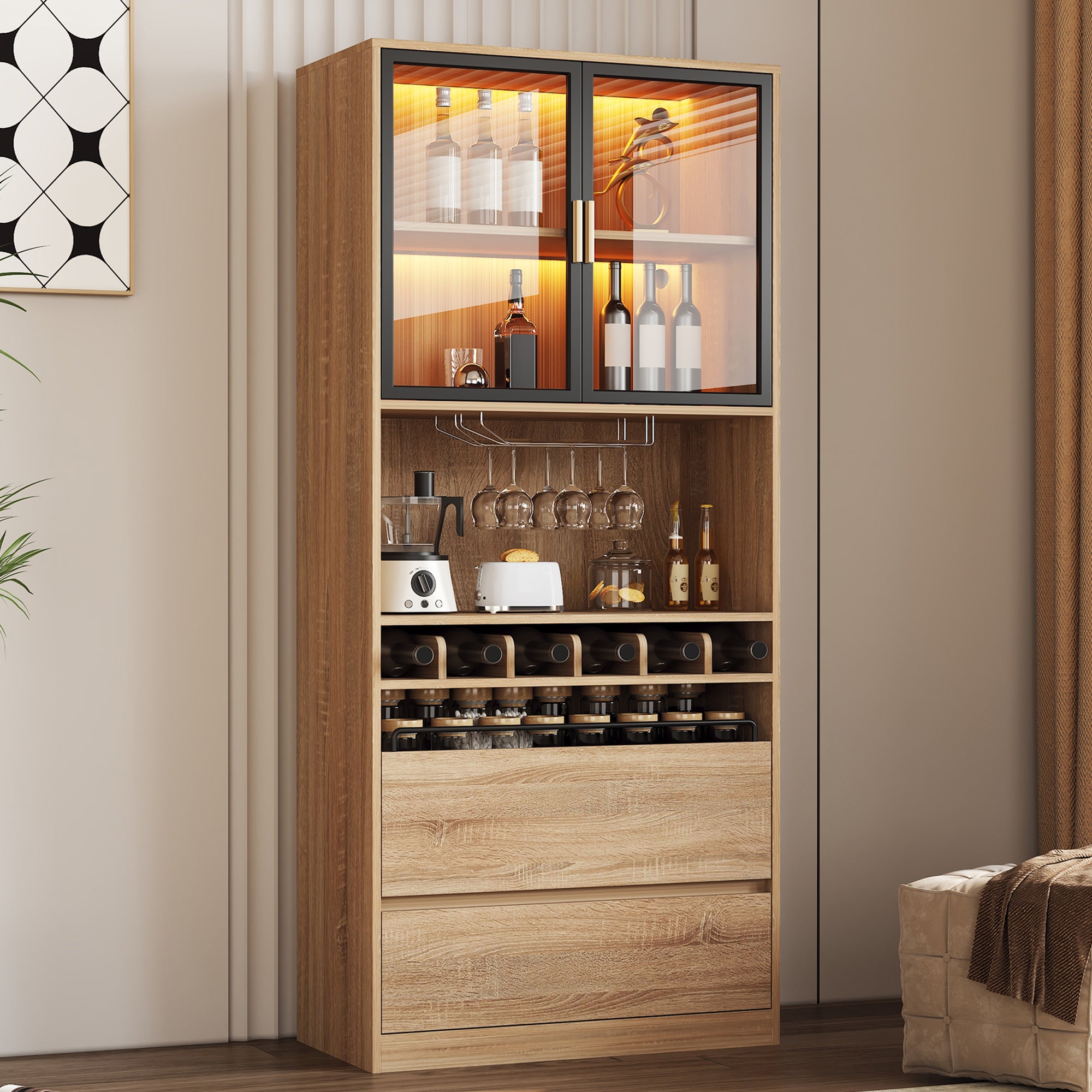 Vitrine avec 2 portes en verre et 2 tiroirs - 80 x 40 x 180 cm - LEDs - Bois MDF - Naturel - 6
