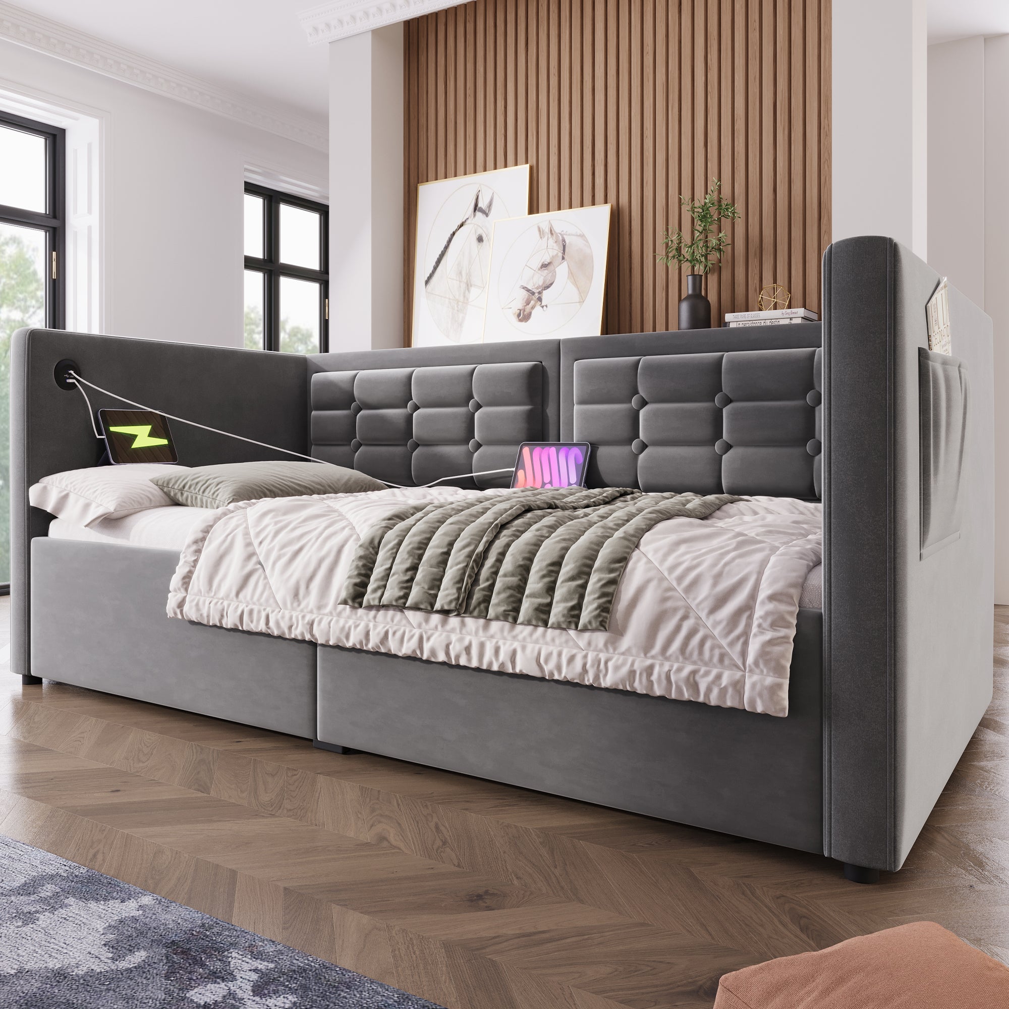 Rozkładana sofa 90 x 190 cm, wyposażona w hydrauliczny schowek oraz porty ładowania USB i Type-C, szara, aksamit. - 3