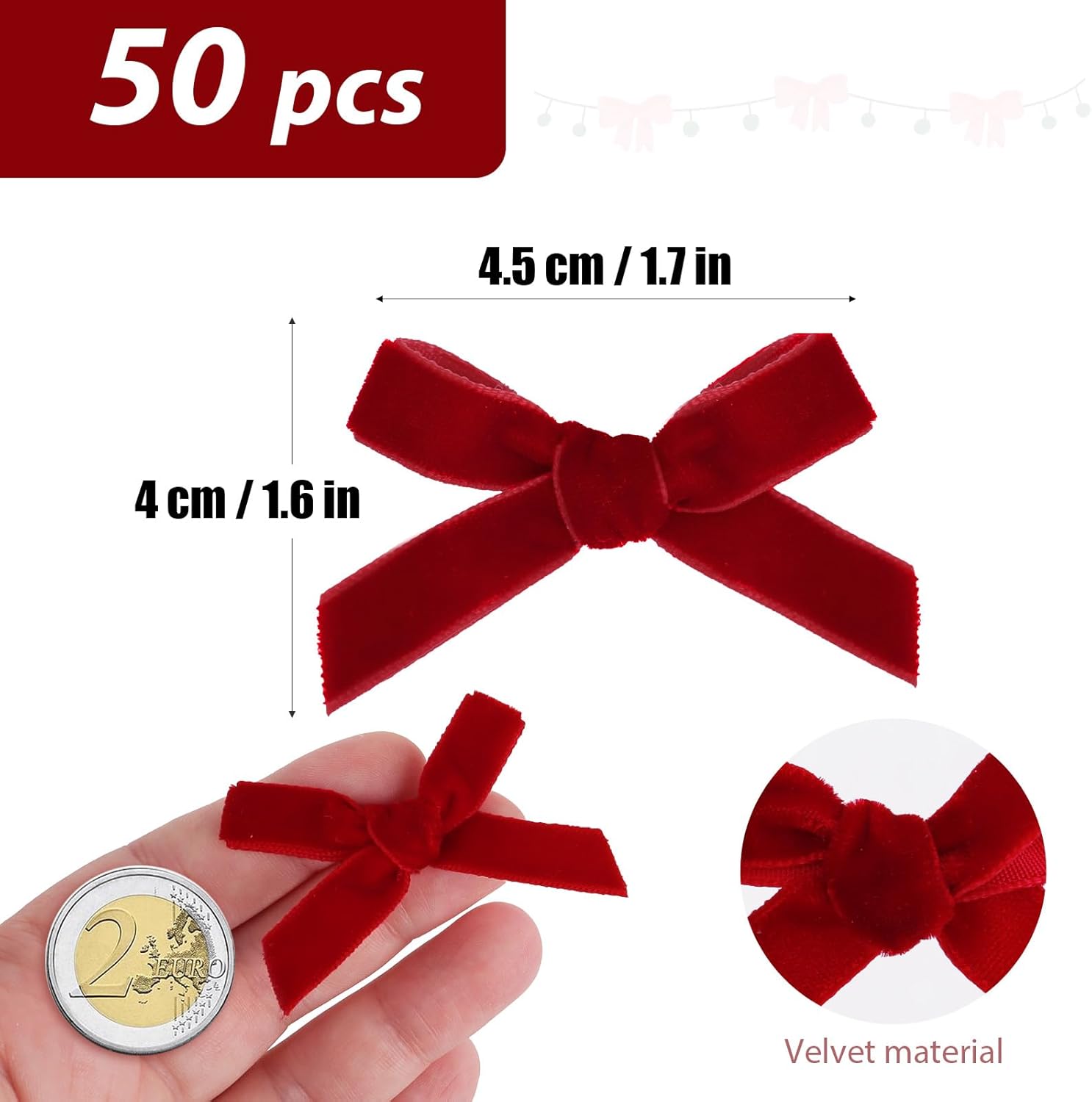 50 Nœuds Papillon Velours Rouge Noël – Dimensions 4,5x4 Cm – Pour Sapin, Cadeaux, Déco – Prêts à L’emploi - 6