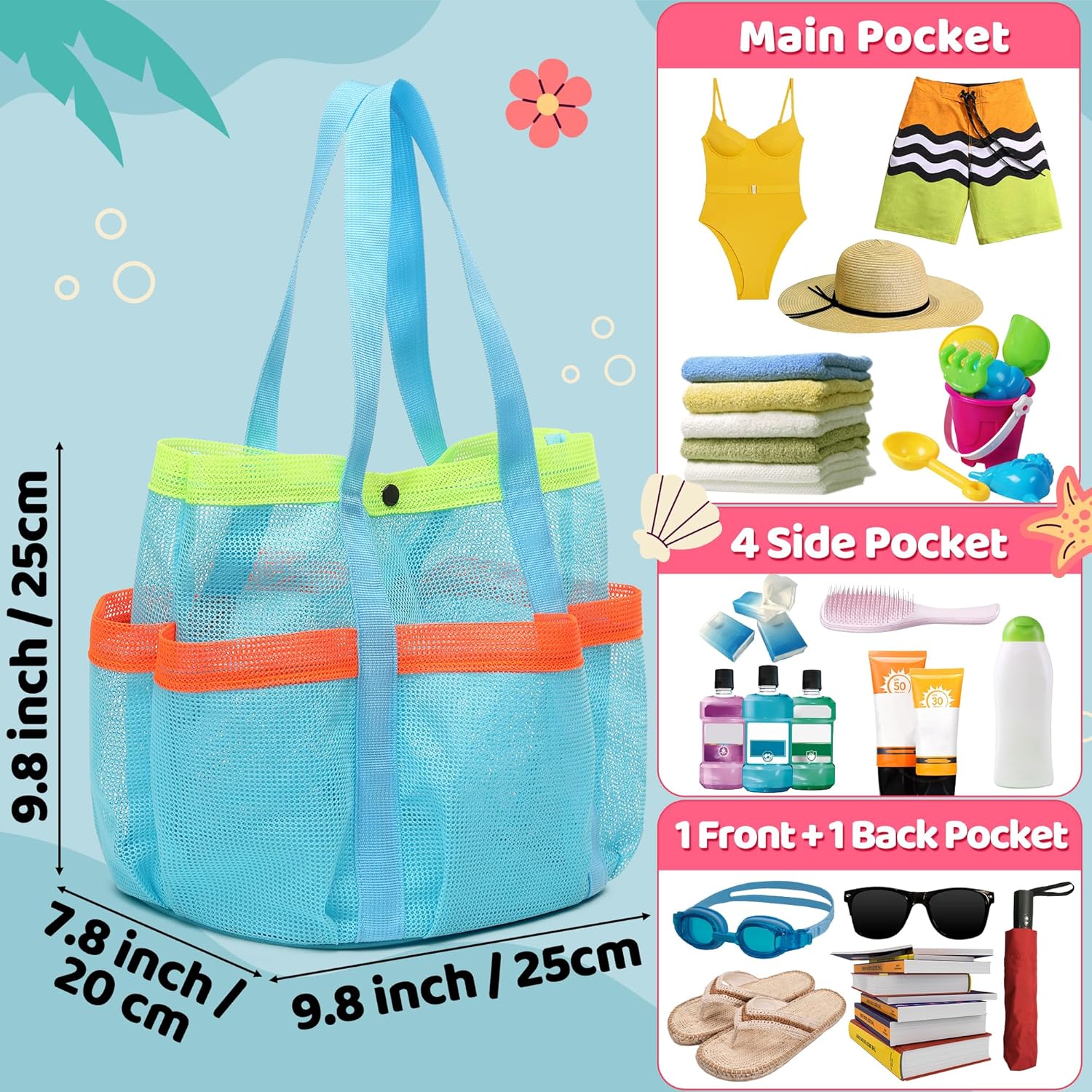 Xihbxyly Sac de Plage en Maille Sac Fourre-Tout pour Femmes, Grand Sac de Plage Pliable pour la Natation avec Poches à Glissière Imperméable et Anti-Sable, pour Sac de Piscine Sac Fourre-Tout de