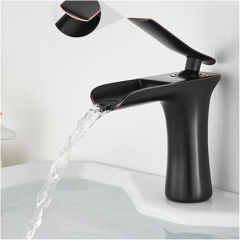 Czarny kran umywalkowy typu wodospad z ciepłą i zimną wodą, wykonany z mosiądzu, odpowiedni do łazienek, z przyłączem wodnym.