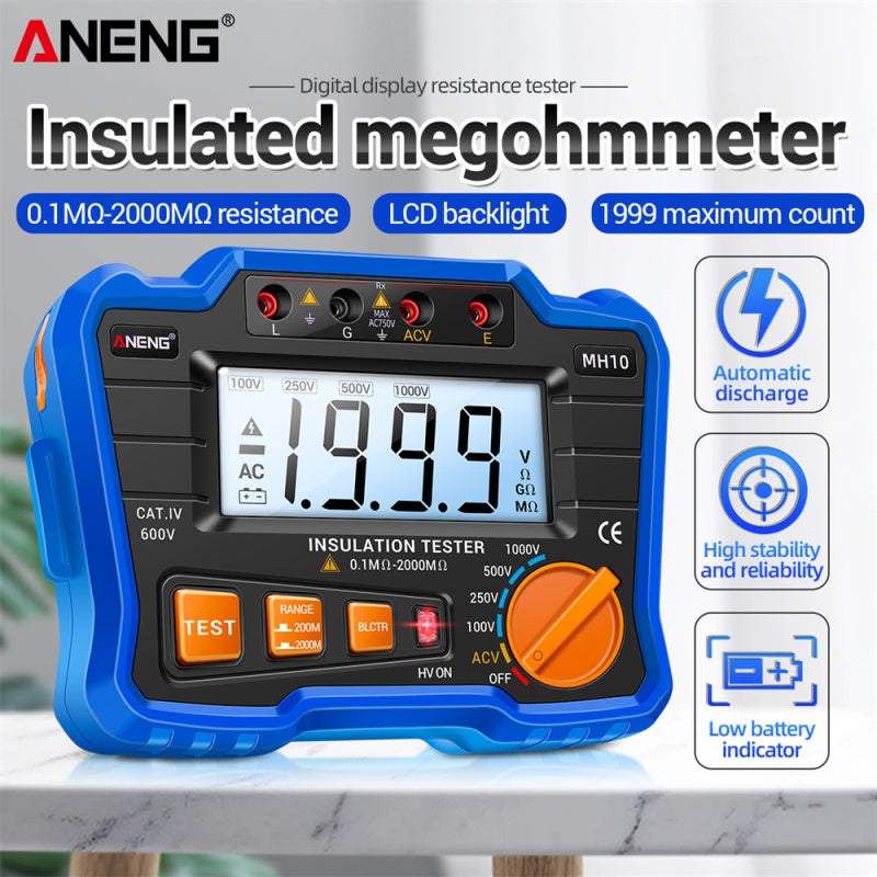 Testeur de résistance d'isolement numérique mégohmmètre, rétroéclairage LCD, tension de sortie 100/250/500/1000 V, bleu. - 2
