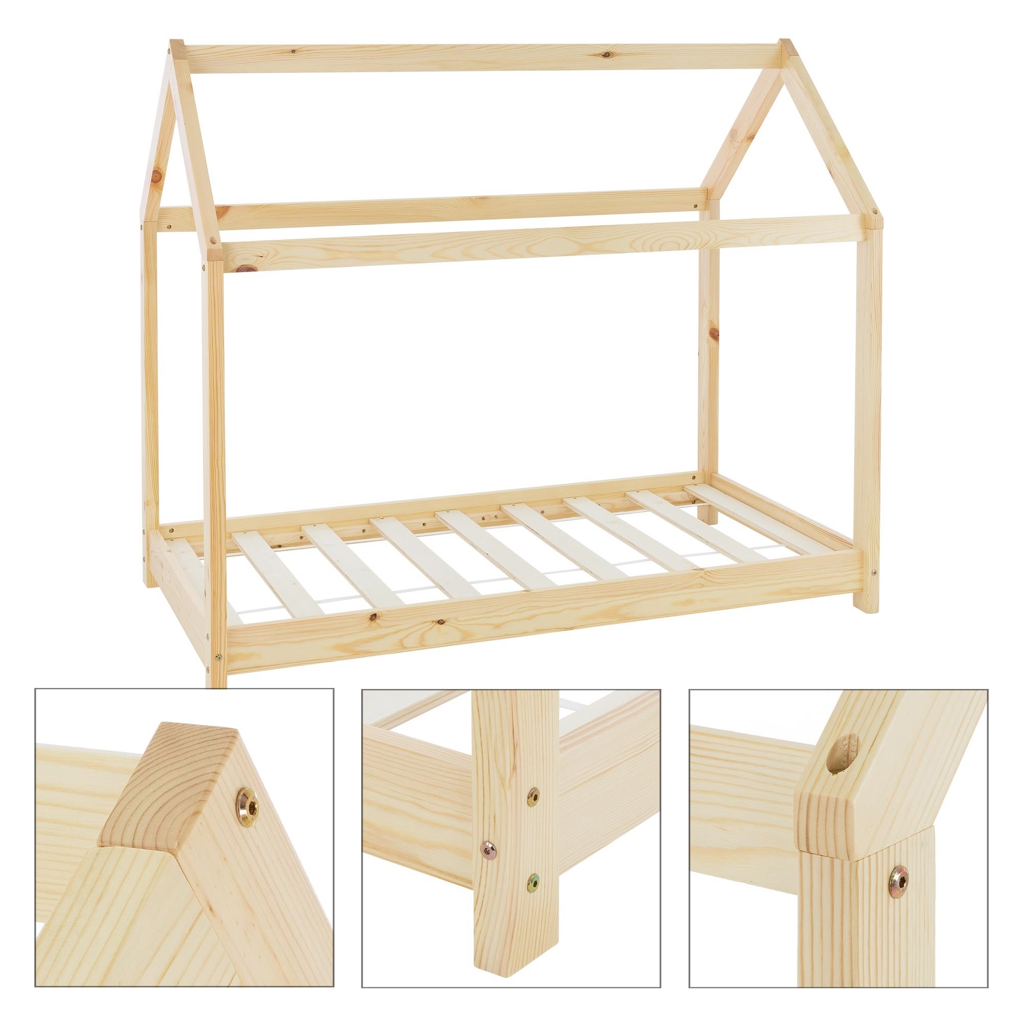Lit cabane enfant 80x160 cm naturel bois de pin massif avec matelas, toit et sommier à lattes, couchage au sol maisonnette chambre - 7