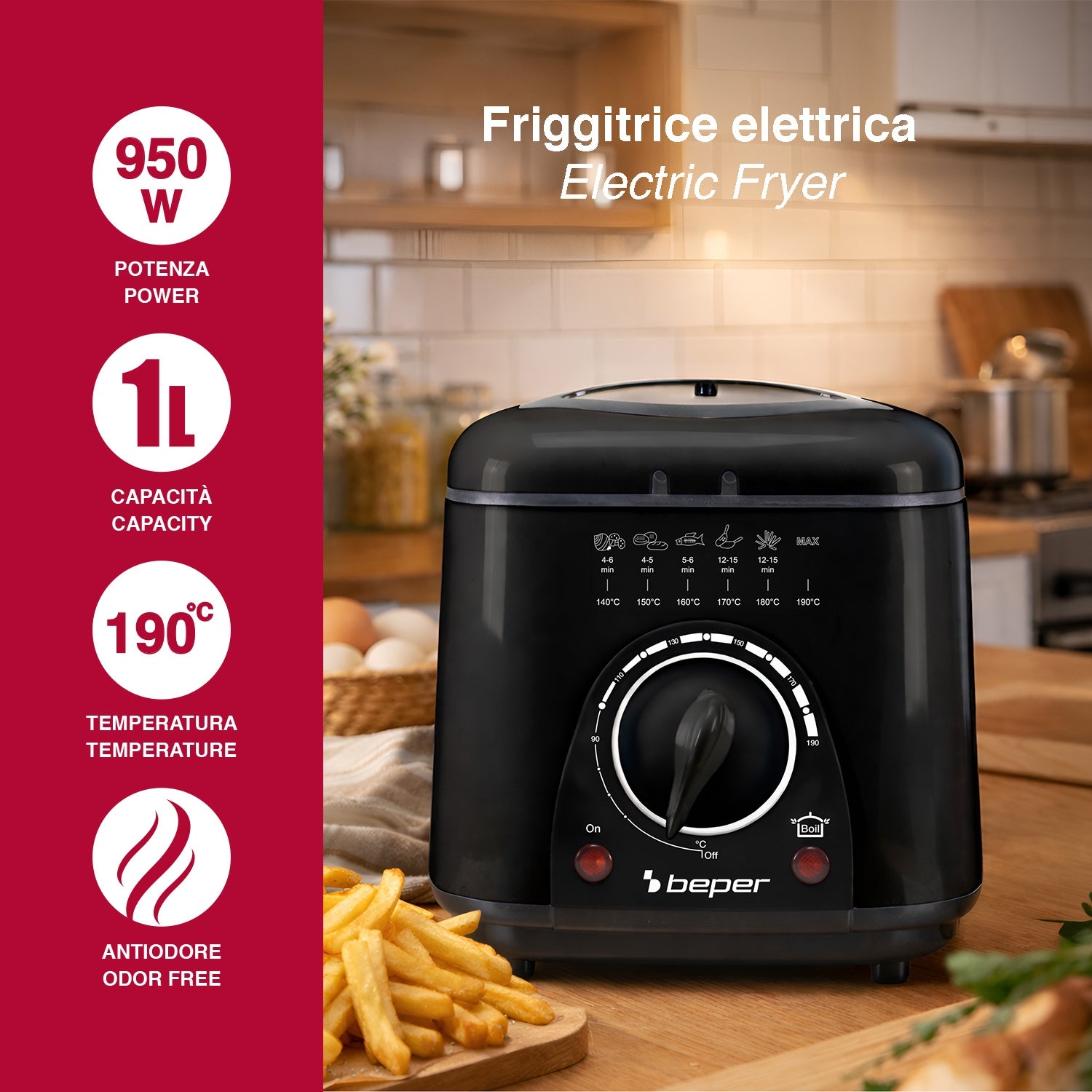 BEPER P101FRI100 Friteuse électrique 1 L, 950 W, panier en acier amovible, couvercle avec hublot, filtre amovible et lavable, température réglable - 2