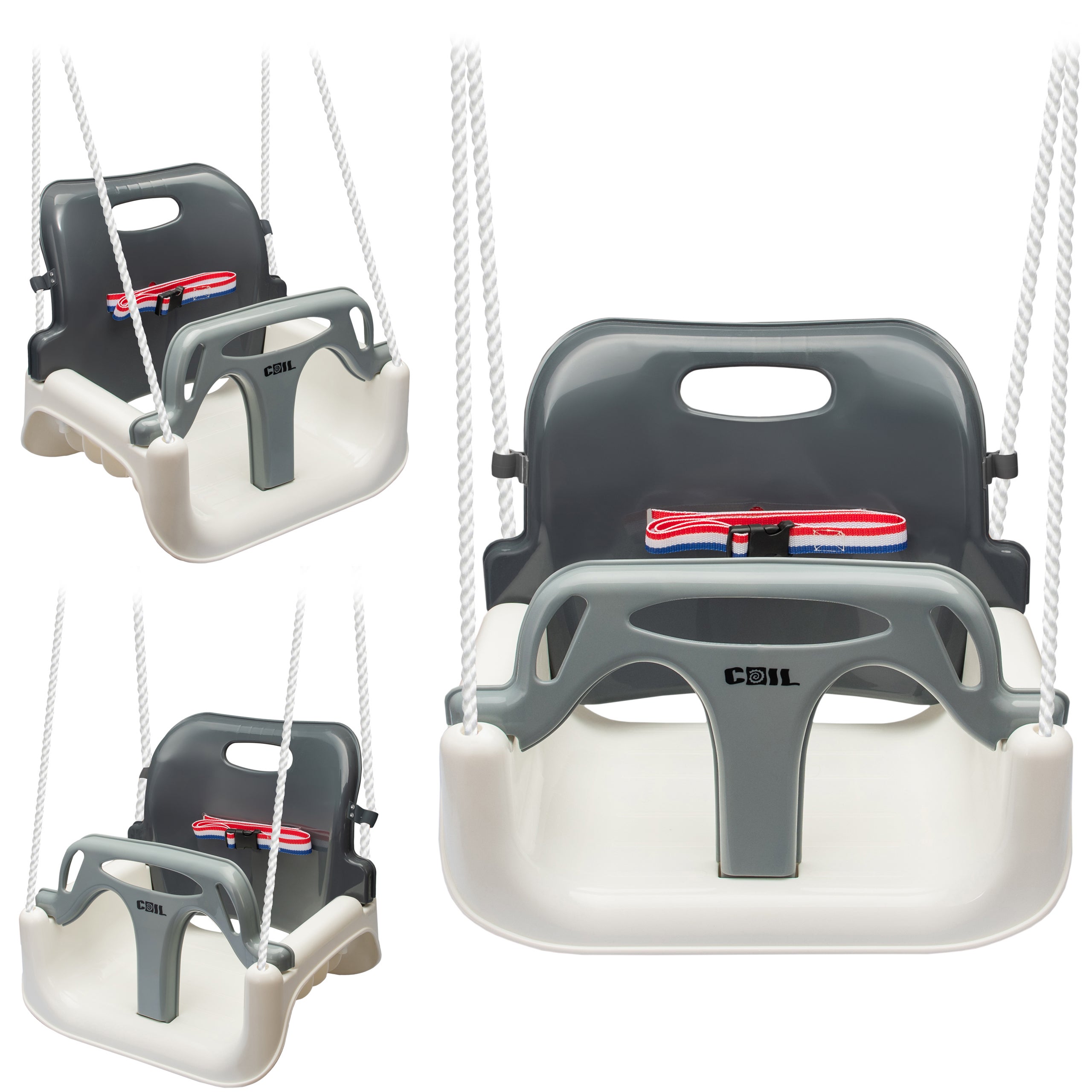 COIL Huśtawka dla dzieci ogrodowa fotel wiszący mocna 3w1 kubełkowa pasy biało-szara