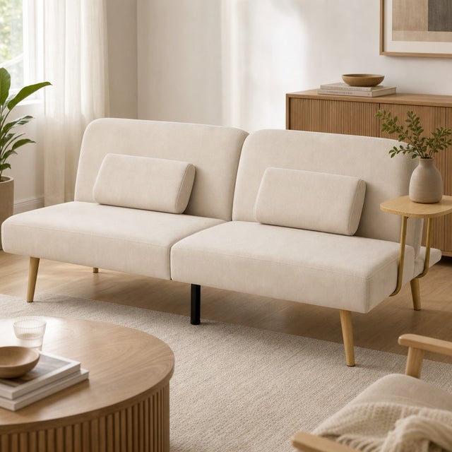 Sofá Cama 3 Lugares Conversível Click-Clack Mesa Lateral Encosto Ajustável 196x86x81cm Bege