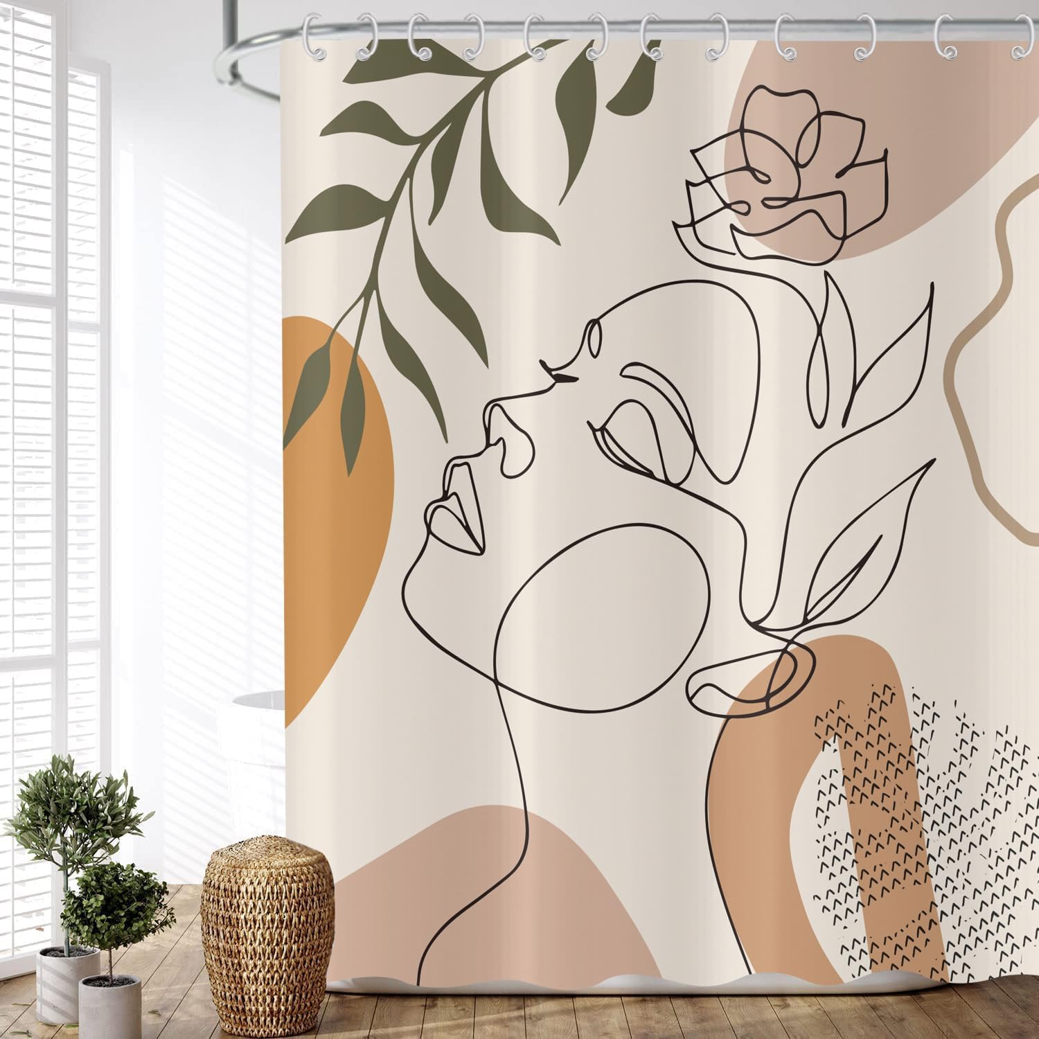 Zasłona prysznicowa Boho 180x180 cm, nowoczesna sztuka abstrakcyjna, dziewczyna z twarzą, kwiat, zielone liście, zmywalna, z 12 haczykami