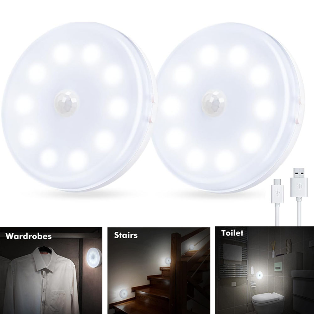 Lámpara de pared led con sensor de movimiento inalámbrico para interior, luz nocturna con sensor de carga usb magnético blanco (2 paquetes)