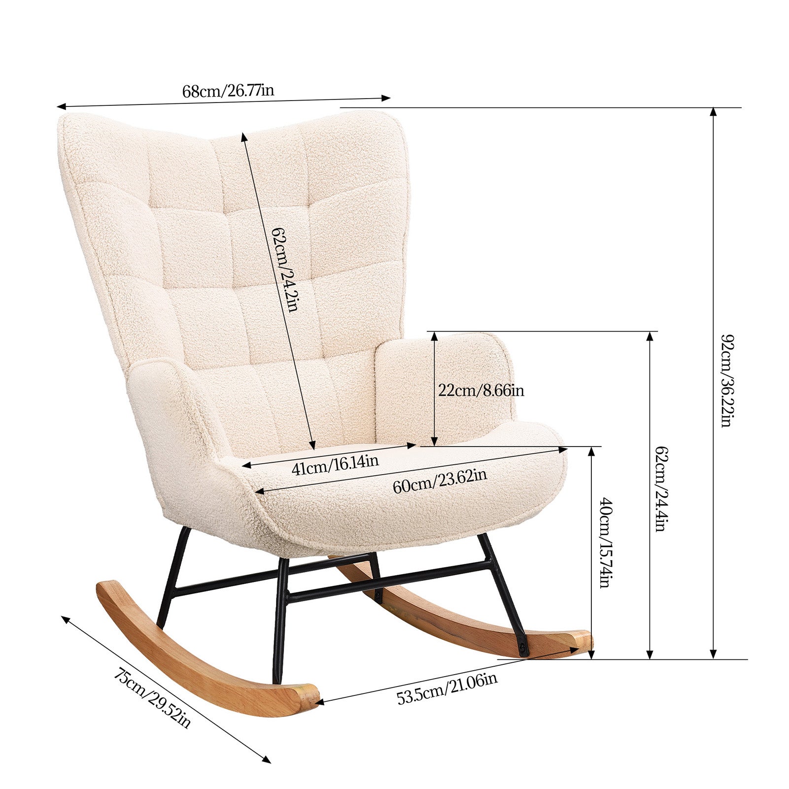 Fauteuil à Bascule, Rocking Chair en Tissu Teddy, Fauteuil Allaitement Scandinave, Chaise à Bascule pour Salon, Chambre, Balcon, Beige - 2