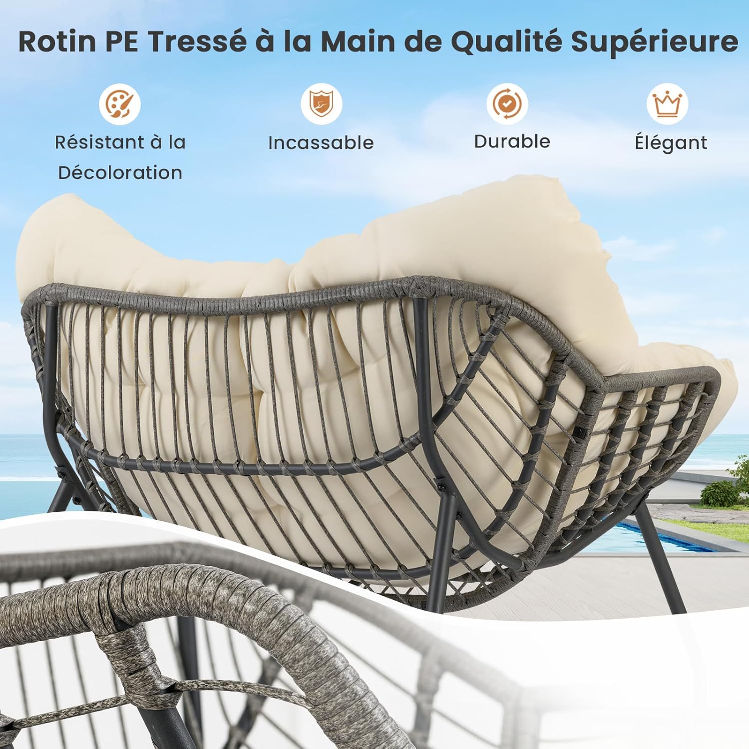 Fauteuil à Bascule d'Extérieur, Fauteuil Œuf Surdimensionné en Osier PE avec Coussin Épais Amovible, 98 x 98 x 87 cm, Charge 150 kg, Beige - 5