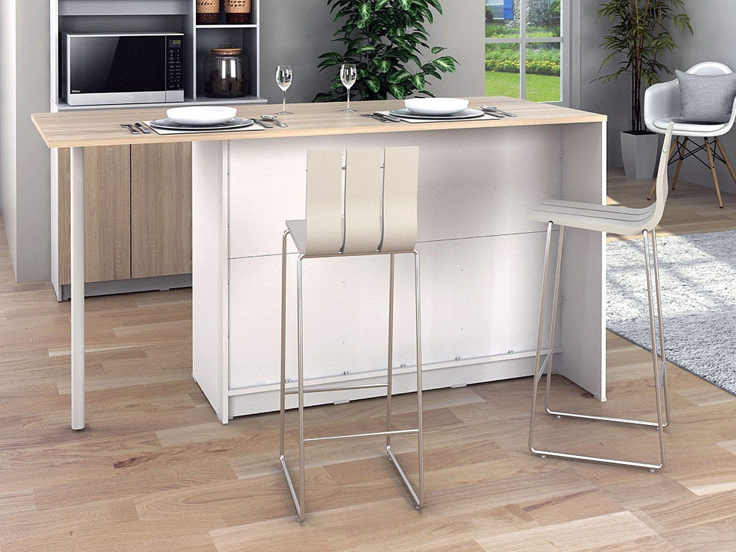 Ilot central de cuisine avec 2 portes, 1 tiroir et 2 niches - Blanc et naturel - TUNORI - 3