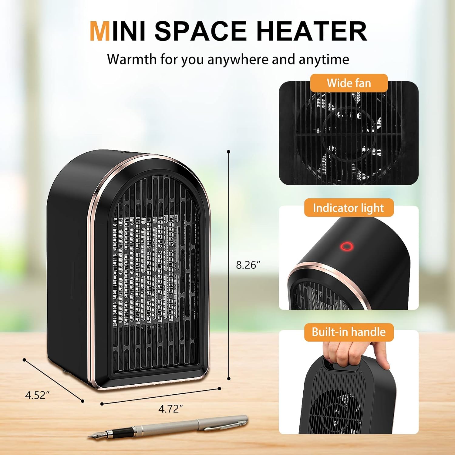 Calefactor eléctrico con ventilador, calefactores cerámicos PTC para el hogar, calefactor portátil silencioso de bajo consumo de 1200 W, calentamient - 5