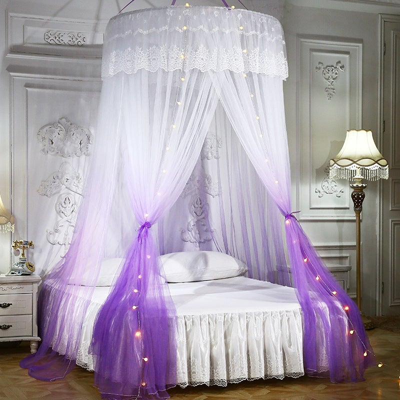 Dosel de cama de princesa con luces de hadas, cortinas mosquiteras para cama en dormitorio y dormitorio, violeta y blanco, diámetro 120 x alto 270 cm
