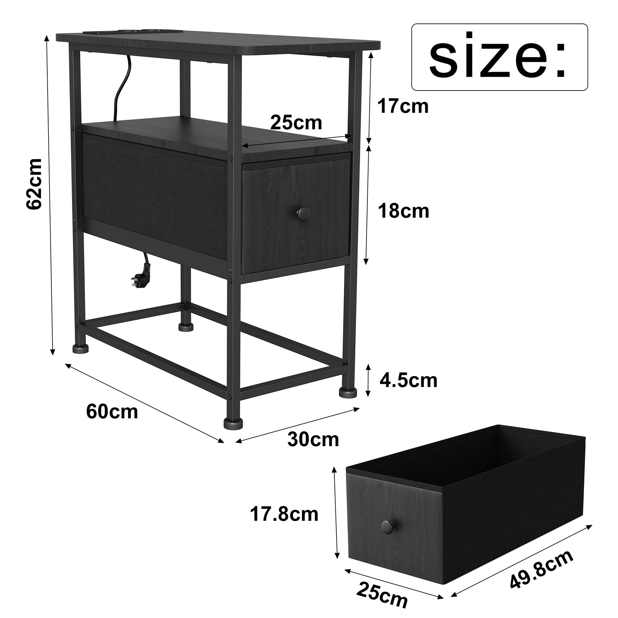 Table d'Appoint avec tiroirs - prise électrique incluse, structure en métal, pieds antidérapants, espace de rangement ouvert - 60x30x62 cm - noir - 6