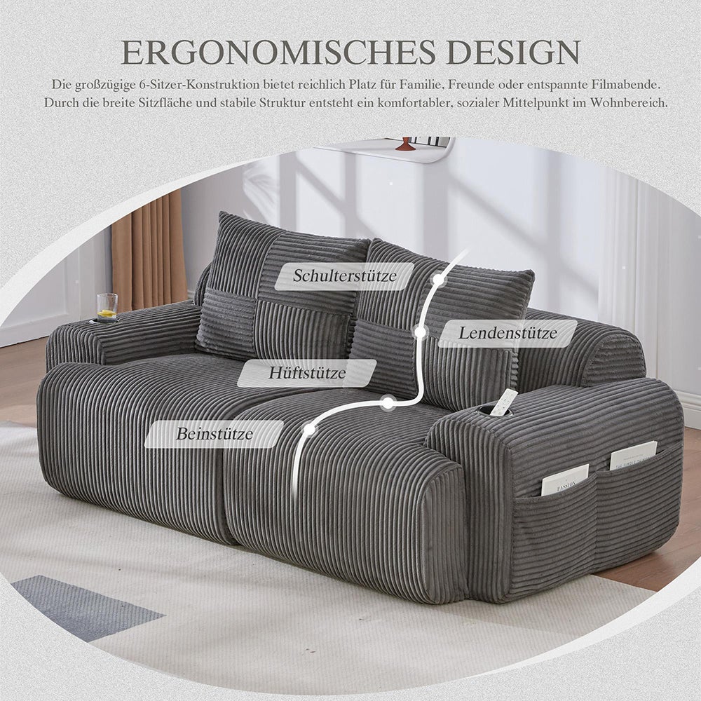 Canapé 2 places 200 cm - Canapé modulable avec accoudoirs - Porte-gobelets - Sans montage - Tissu velours côtelé - Gris foncé - 3