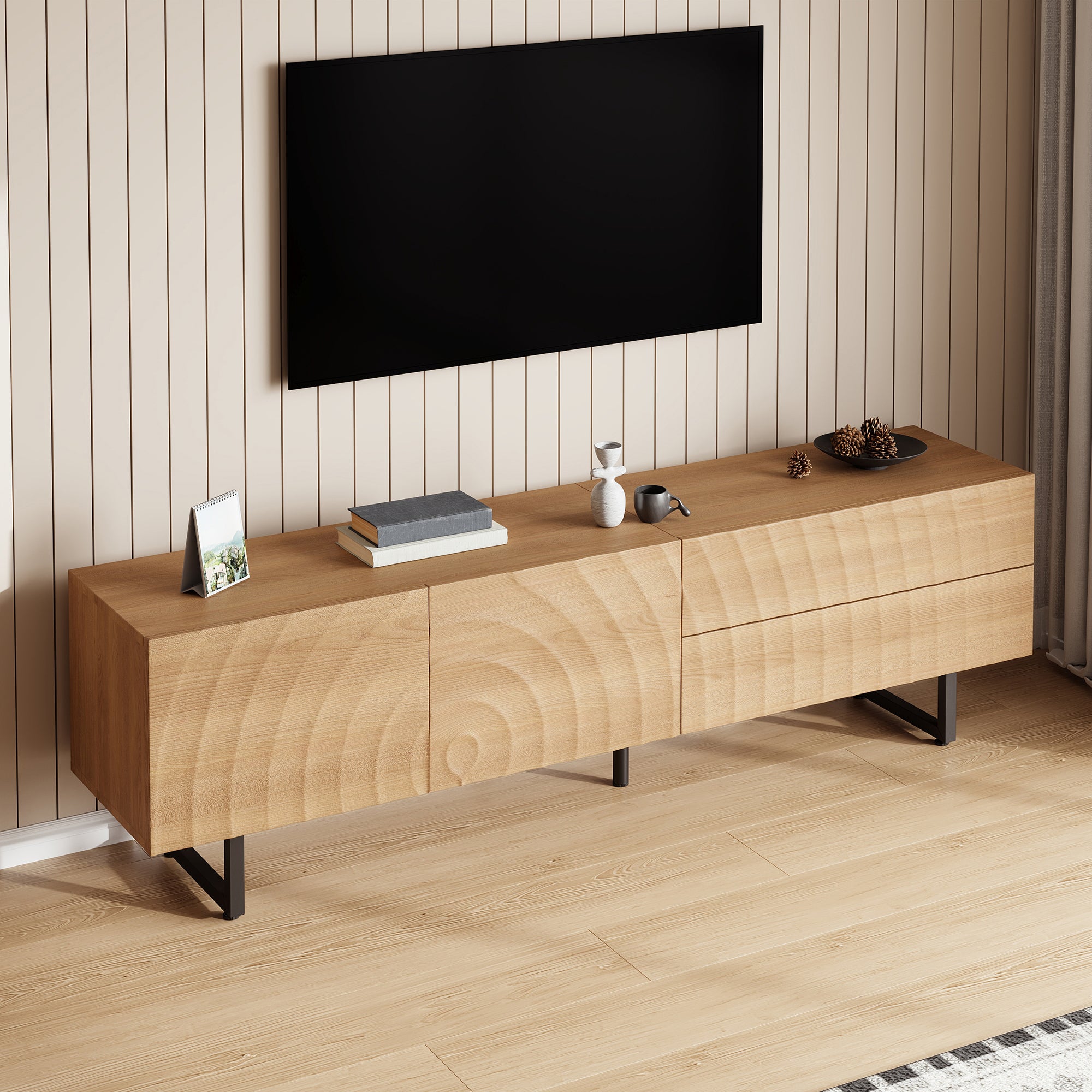 Nowoczesne meble TV 180x38x51,5 cm - 2 drzwi i 2 szuflady - Wykończenie w zmarszczone usłojenie drewna - Płyta wiórowa - Naturalny
