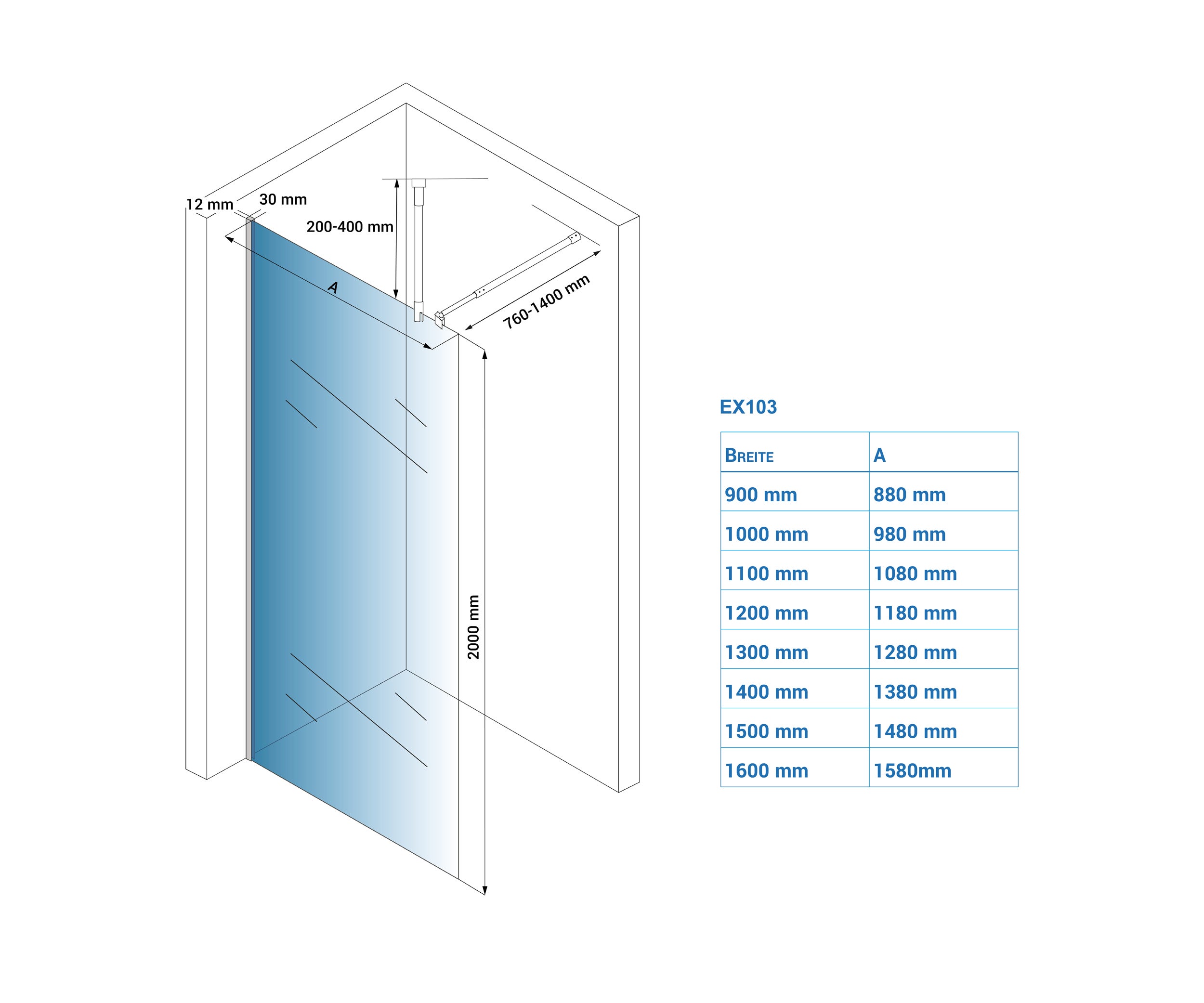 Bernstein Ścianka prysznicowa 90cm Walk-In EX103 profil czarny - szkło 10mm - 5