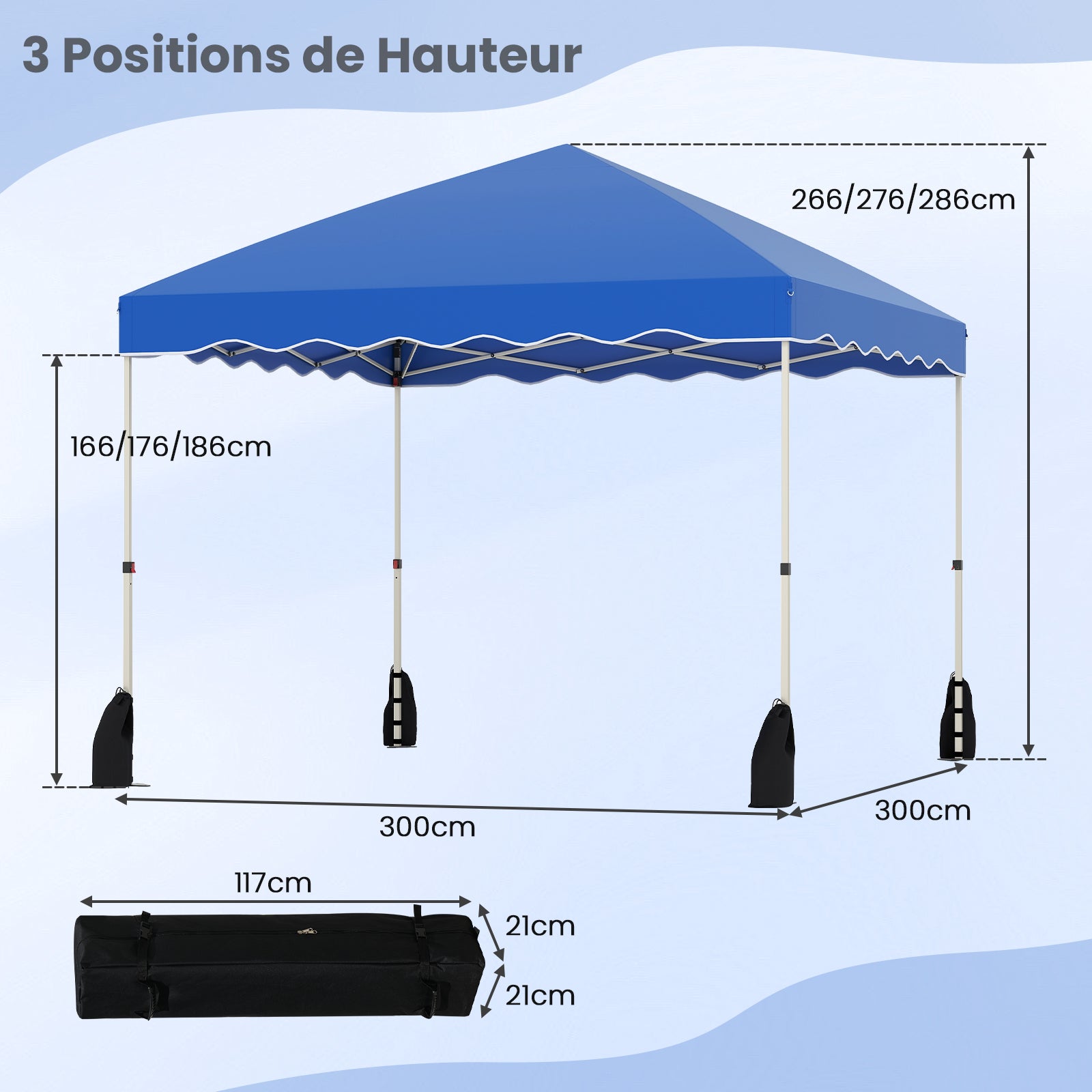 Carpa Plegable 3x3 m Impermeable, Cenador Jardin con Bolsa de Transporte sobre Ruedas, Altura Ajustable, Pergola Exterior con 4 Sacos de Arena, (Azul) - 3