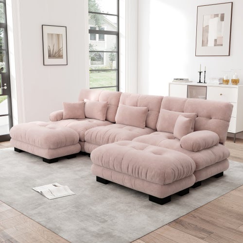 Canapé d'angle 3 place avec pouf amovible, en tissu, rose - 3