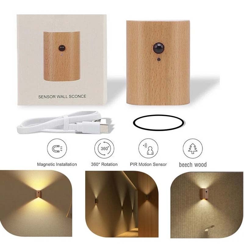 sztuki minimalistyczny drewniany kinkiet ścienny czujnik ruchu ładowany przez USB polerowany metal przestrzenny design łatwe części instalacyjne