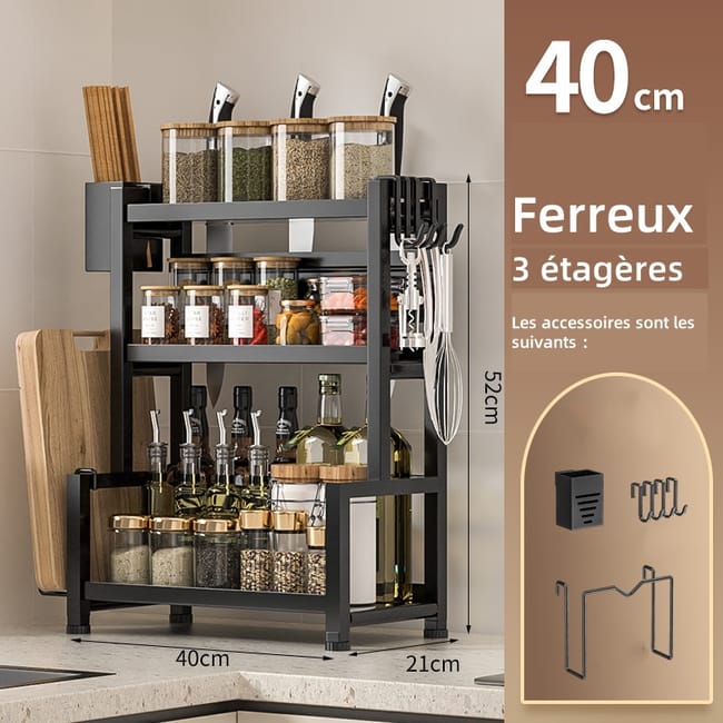 Pogrubiona wielofunkcyjna półka kuchenna na blat z uchwytem na pałeczki i deską do krojenia, 3 poziomy, 40 cm