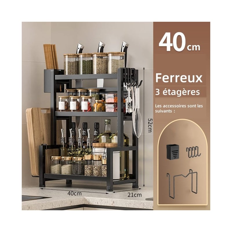 Pogrubiona wielofunkcyjna półka kuchenna na blat z uchwytem na pałeczki i deską do krojenia, 3 poziomy, 40 cm