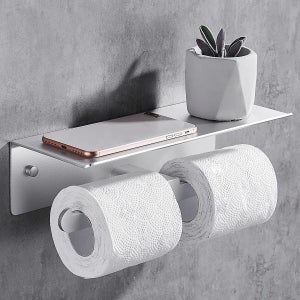 LaBlanc - Porta carta igienica a parete con ripiano portaoggetti in alluminio per bagno e cucina