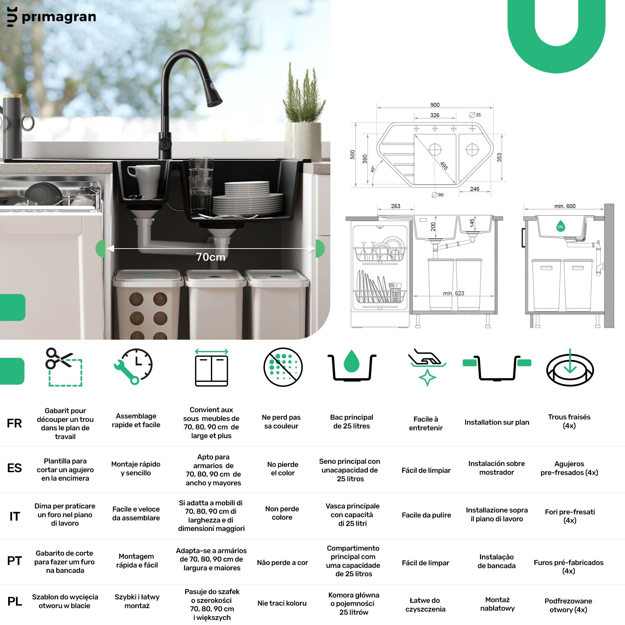 Lavandino Angolare Bianco 90x50cm, Lavello in Granito a 1,5 vasche + Sifone Classico + Accessori, Lavabo da Cucina Incasso al mobile 70cm PRIMAGRAN - 6