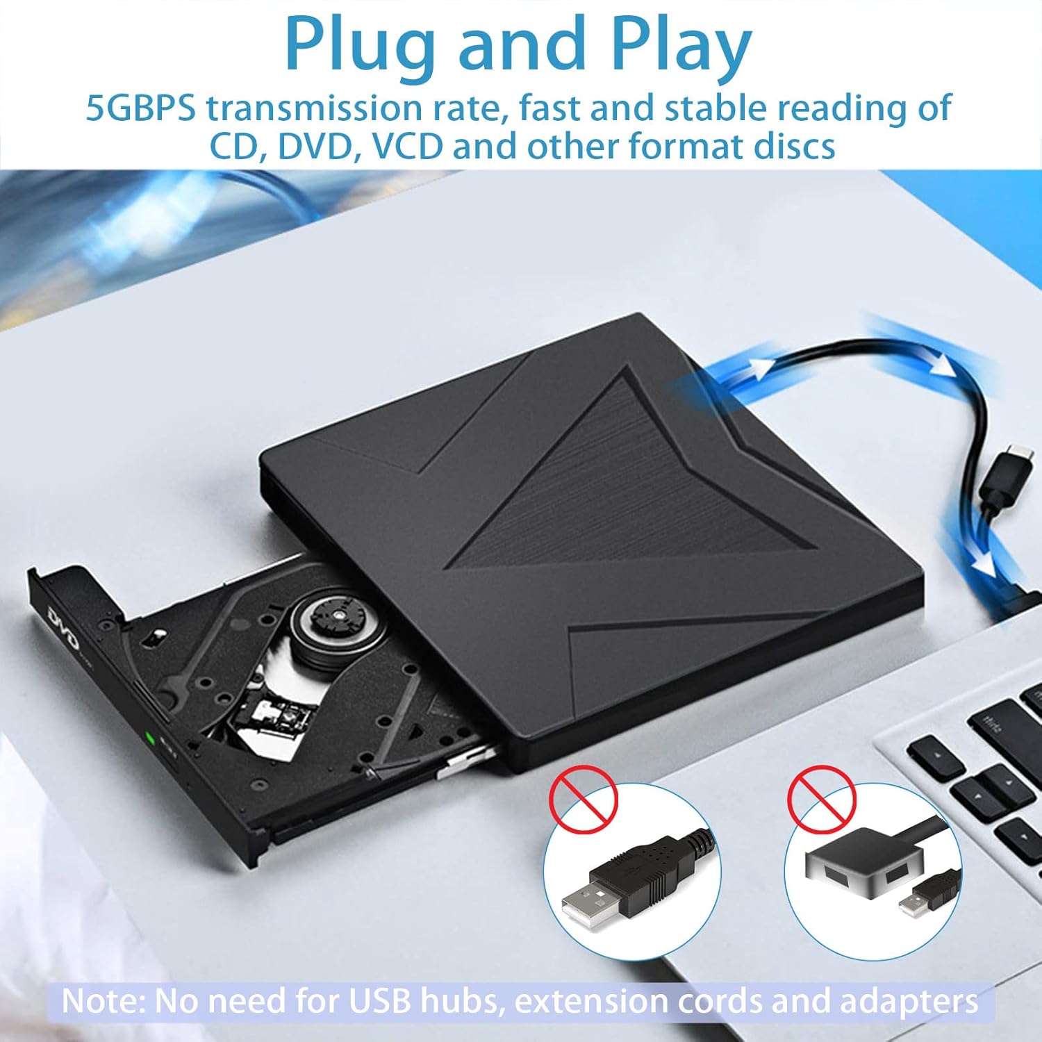 Lecteur DVD/CD Externe USB 3.0 et Type C, Graveur Portable CD/DVD +/- RW, Compatible PC, MacBook, Windows 7/8/10/XP, Linux, MacOS - 3