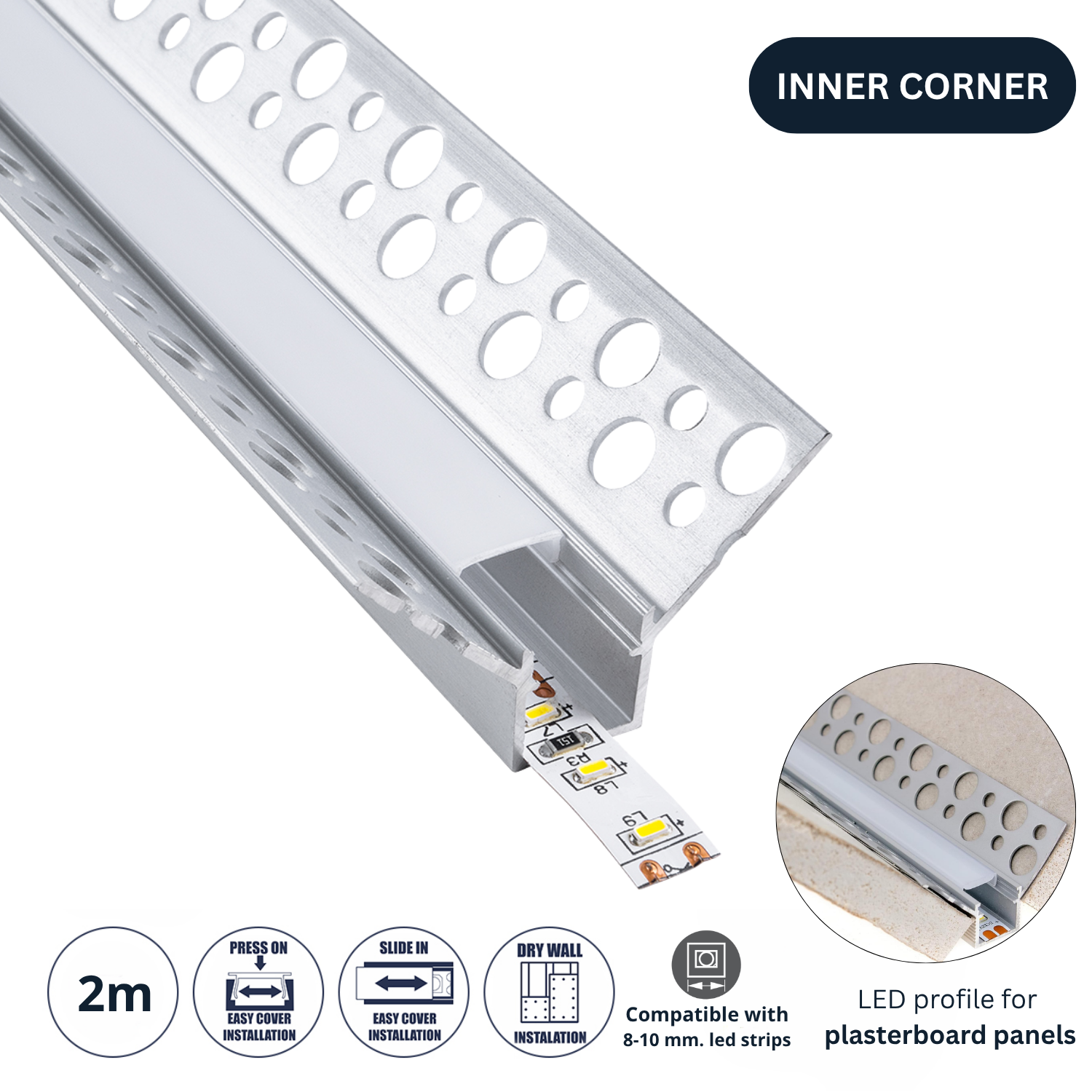 Profilé Aluminium Encastré dans Plâtre / Plaque de Plâtre 2m pour Ruban
