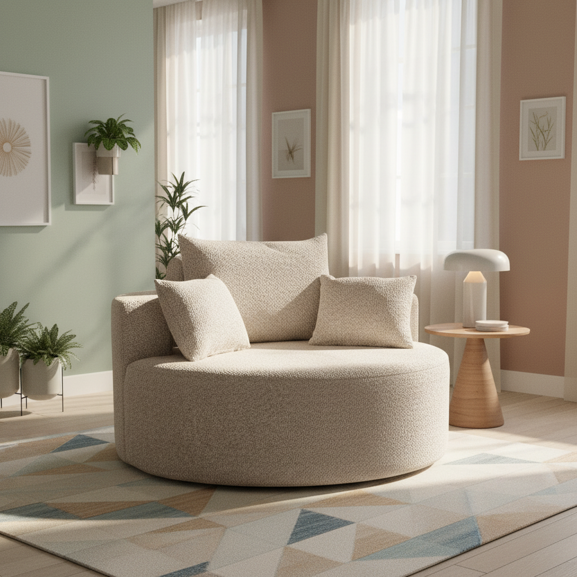 Urban meuble sillón individual de espuma de chenilla beige con 2 cojines.