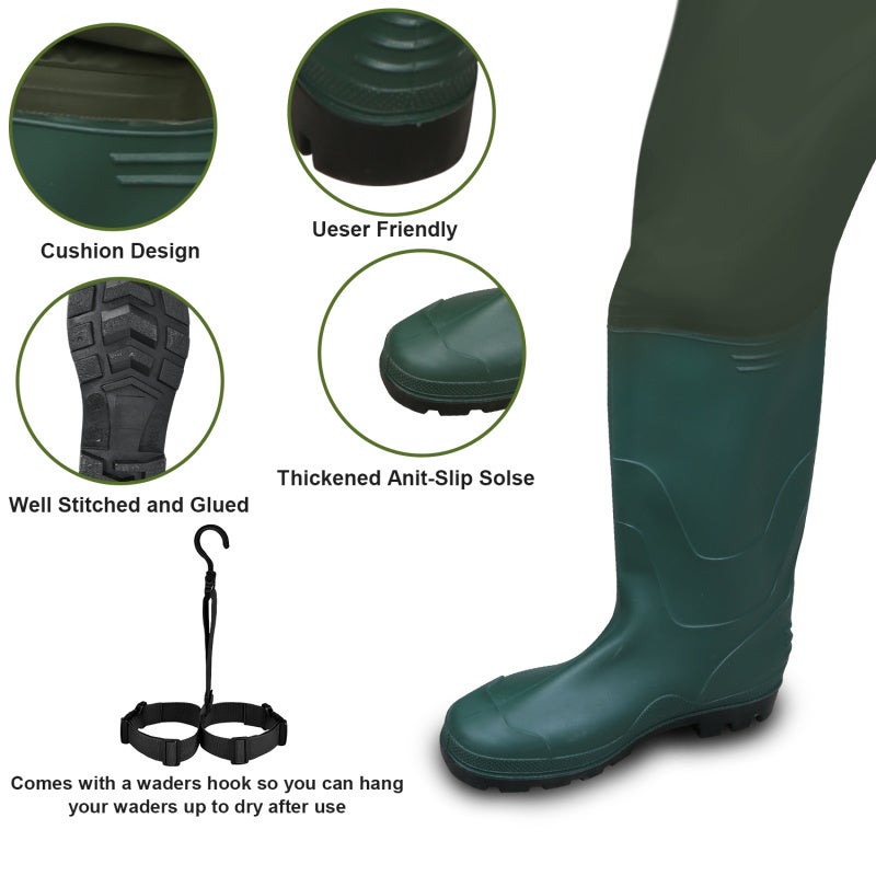 waders Cuissardes de pêche,pêche Waders pour Hommes Femmes Chasse Waders vec Bottes imperméable vert-Taille 45 avec crochet - 3