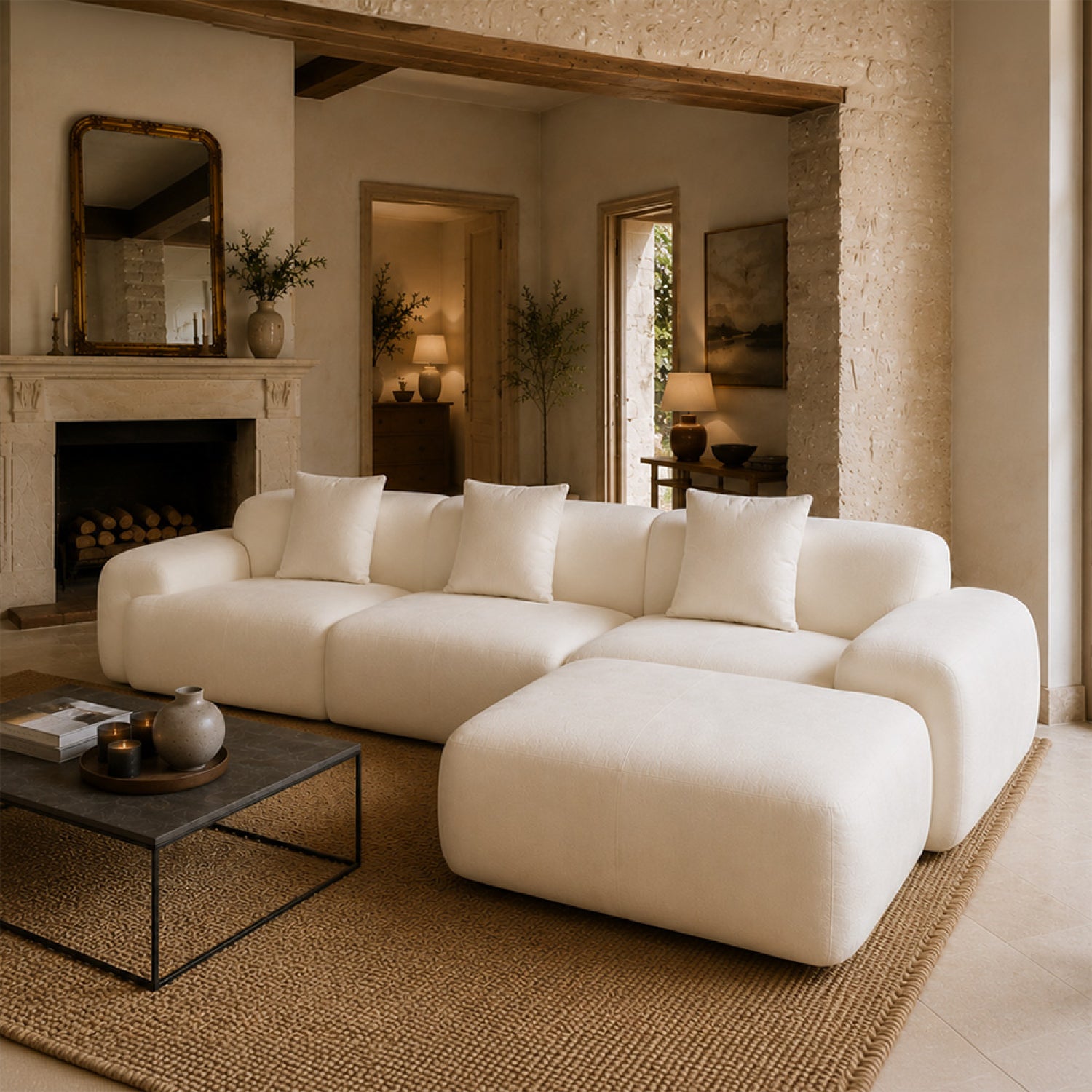 Canapé nuage compressé modulable en tissu chenille beige 4-5 places SHEFFIELD - 6